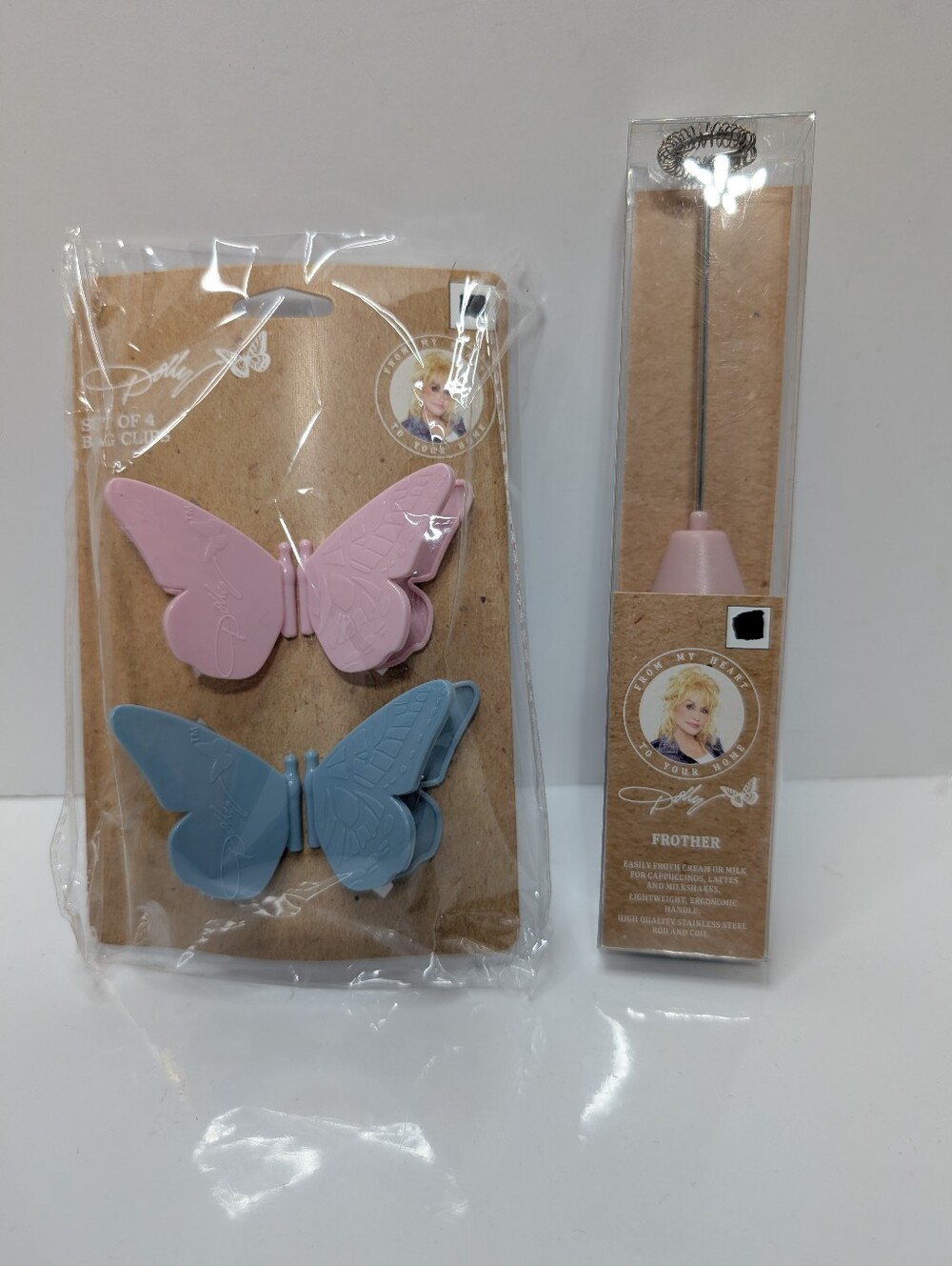 Dolly Parton Butterfly Bag Clips and Foam Frother